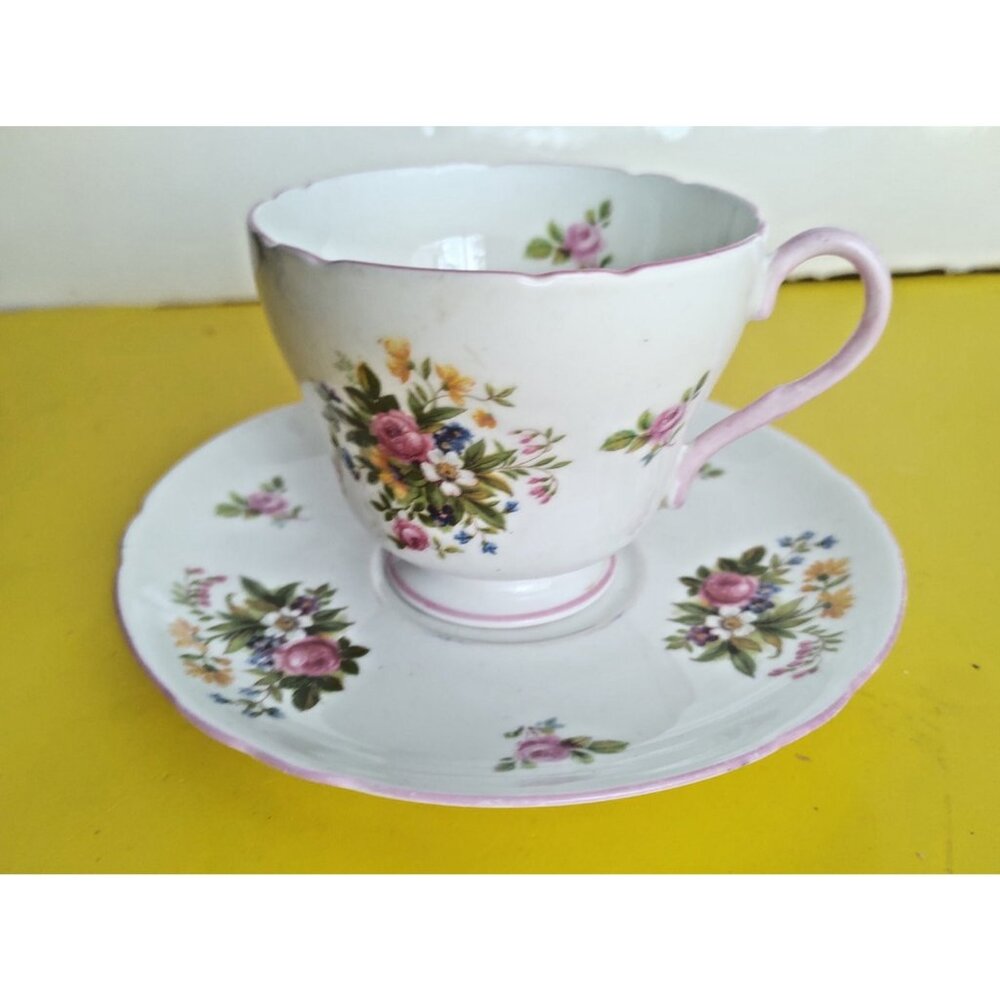 SHELLEY Floral Bouquet Pink Trim Teacup & Saucer Bone China England 1940's